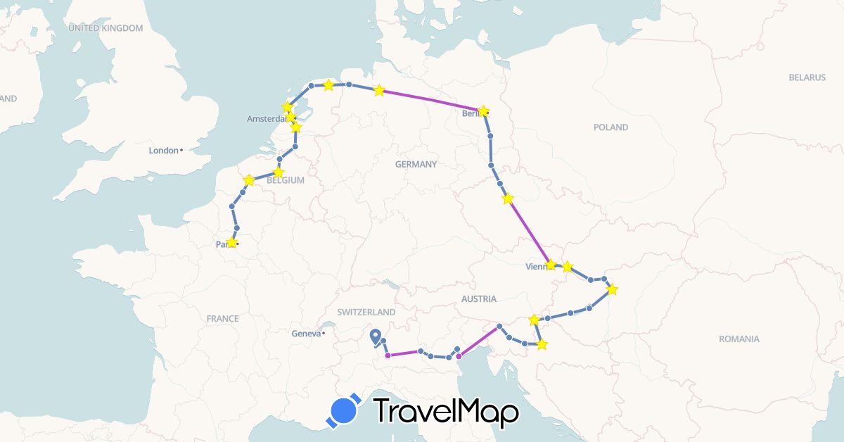 TravelMap itinerary: driving, cycling, train in Austria, Belgium, Switzerland, Czech Republic, Germany, France, Croatia, Hungary, Italy, Netherlands, Slovenia, Slovakia (Europe)